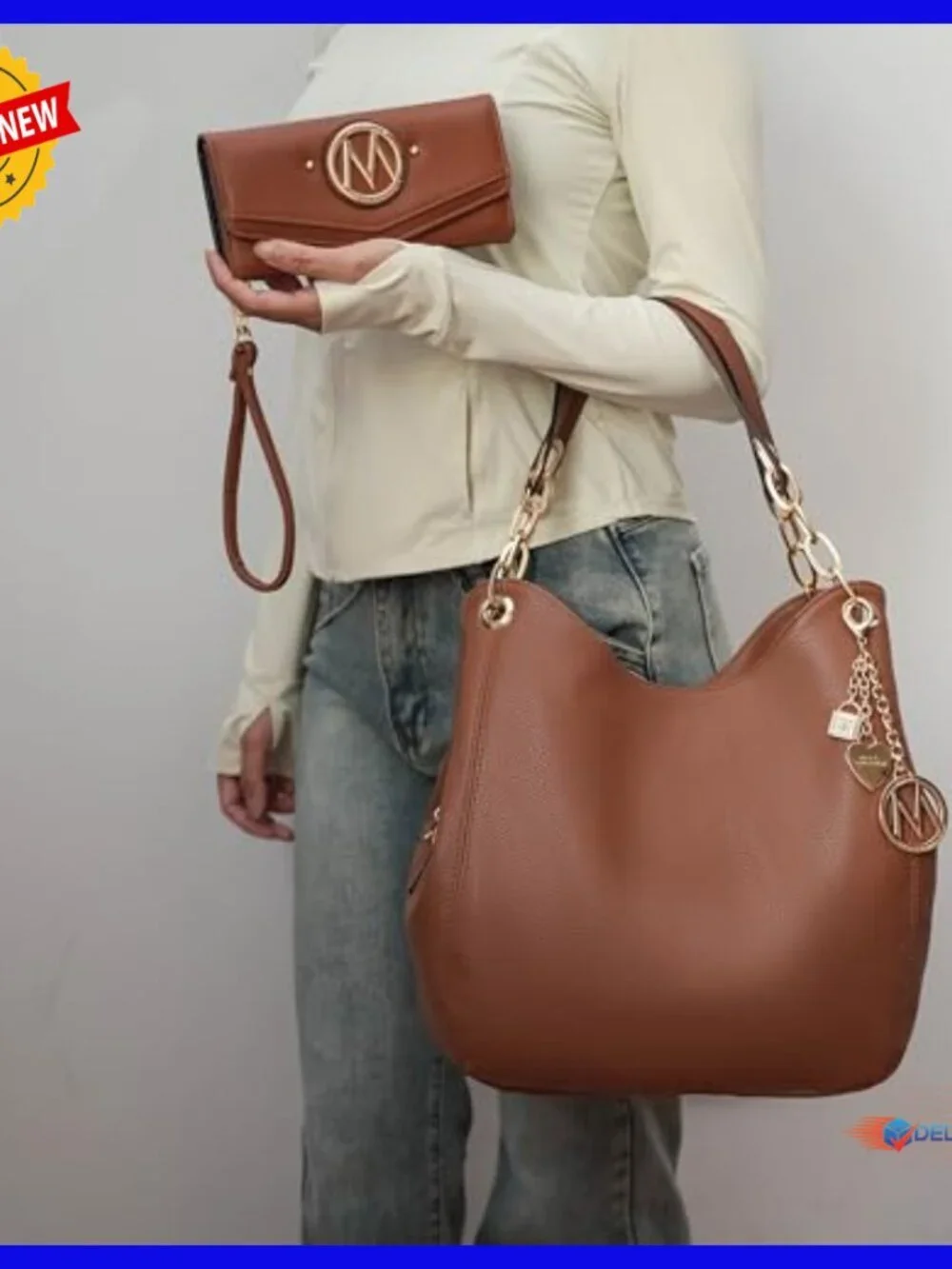 Large Vegan Leather Hobo Bag with Wristlet, 3 Compartments, 11